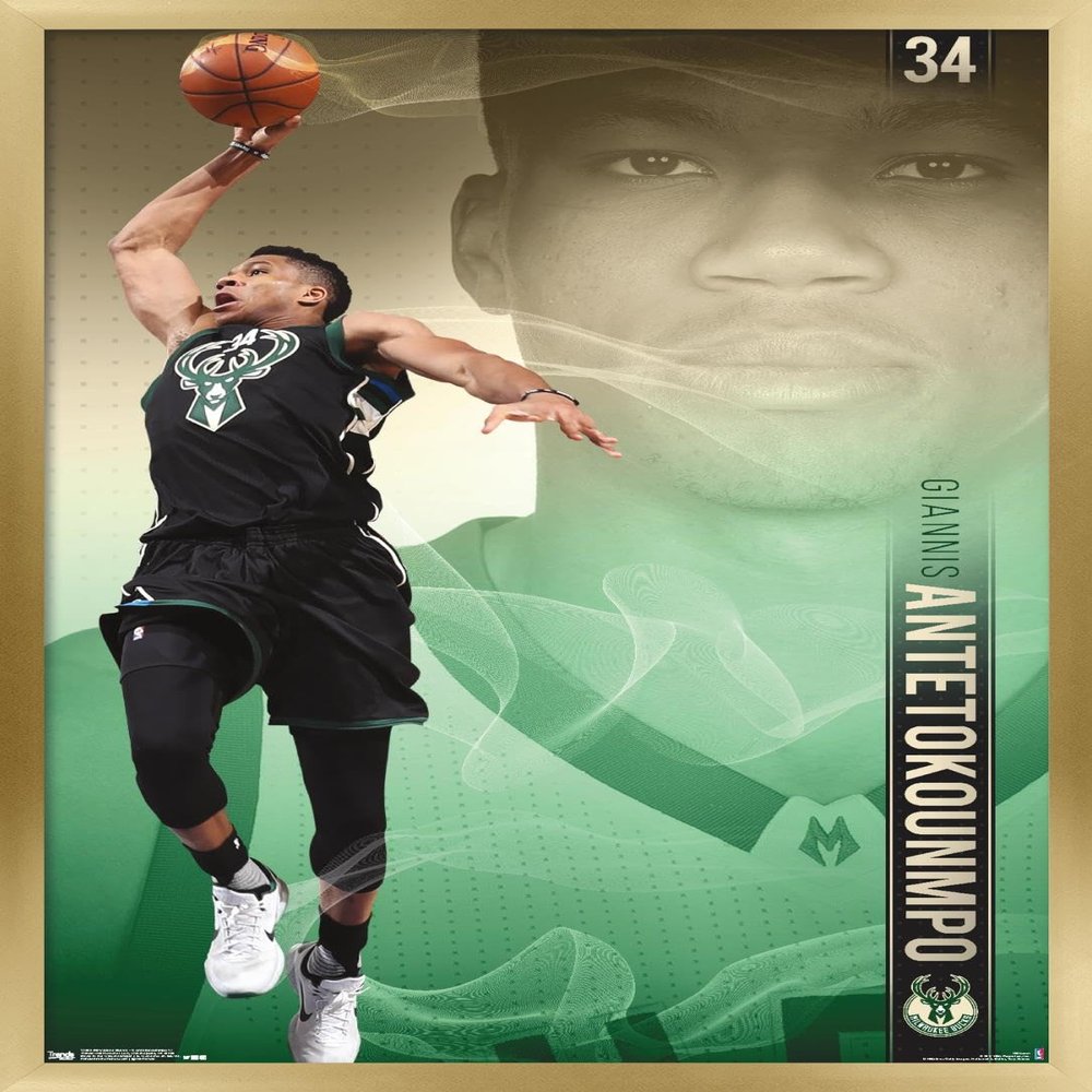 Trends International NBA Milwaukee Bucks - Giannis Antetokounmpo 17 Wall Poster, 22.375" x 34", Gold Framed Version