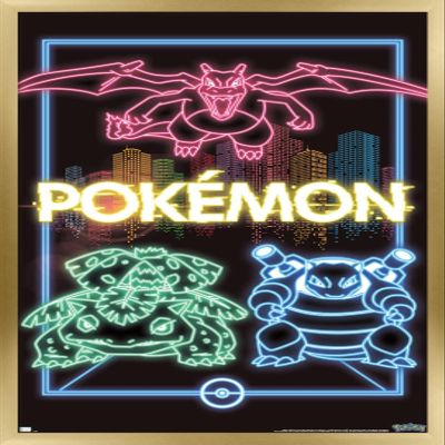 Trends International Pokmon - Neon Group Wall Poster, 14.725" x 22.375", Gold Framed Version