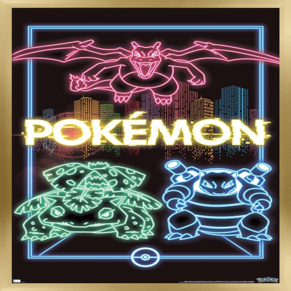 Trends International Pokmon - Neon Group Wall Poster, 14.725" x 22.375", Gold Framed Version