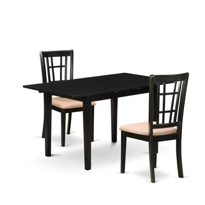 East West Furniture NONI3-BLK-C 3 Piece Modern Dining Table Set Contains a Rectangle Wooden Table with Butterfly Leaf and 2 Linen Fabric Upholstered Chairs, 32x54 Inch, Black