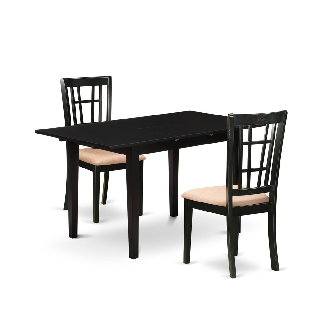 East West Furniture NONI3-BLK-C 3 Piece Modern Dining Table Set Contains a Rectangle Wooden Table with Butterfly Leaf and 2 Linen Fabric Upholstered Chairs, 32x54 Inch, Black