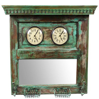 Alma Artte Dual Dial Wooden Wall Clock with Mirror, Green