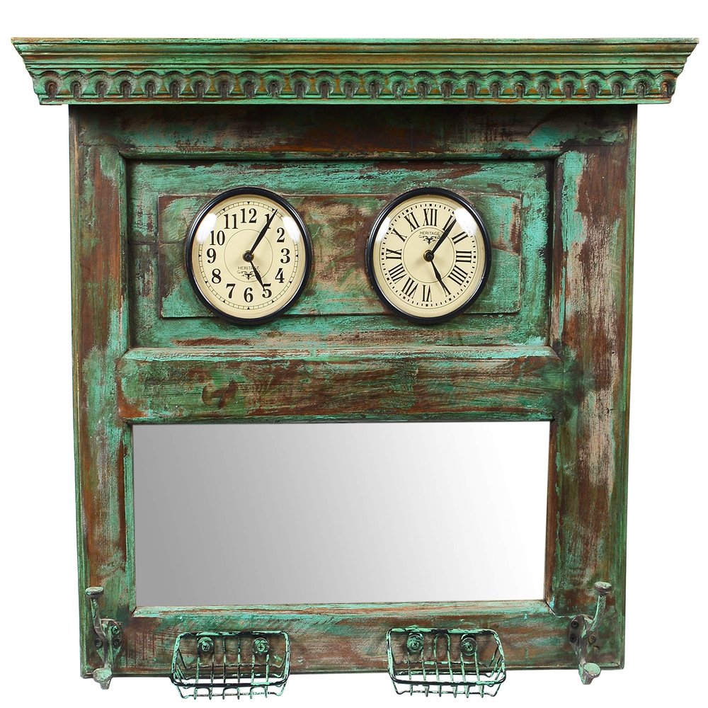 Alma Artte Dual Dial Wooden Wall Clock with Mirror, Green
