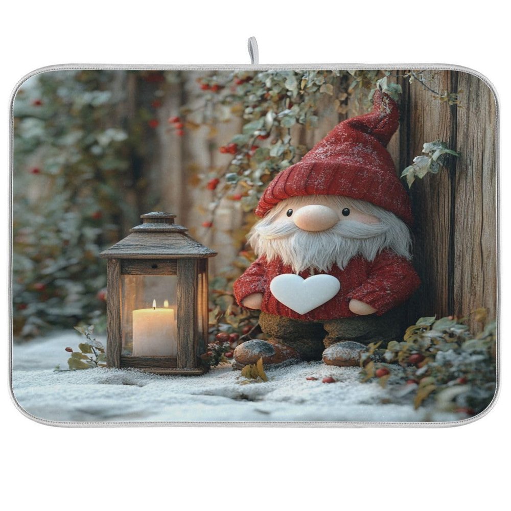 Nander Christmas Cute Gnome Dish Drying Mat for Kitchen Counter, Absorbent Reversible Dish Draining Mat,Rack Pad for Countertop, 18 x 24 Inches