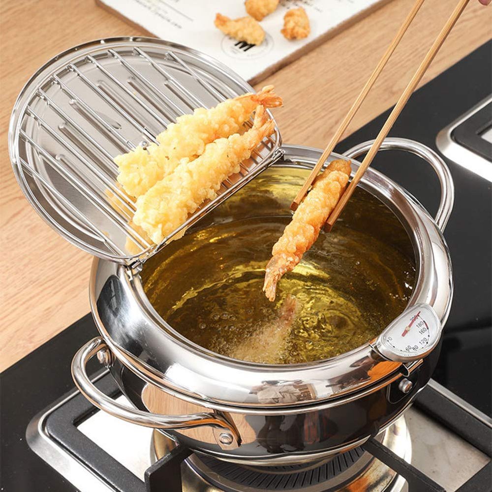 Stainless Steel Deep Fryer Pot Tempura Fryer Pan, Temperature Control Mini Frying Chicken Pot with Lid & Removable Oil Filter Rack for Kitchen Cooking Frying Oil