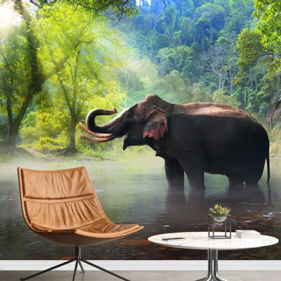 SIGNWIN Wall Mural Elephant in The Water Removable Self-Adhesive Wallpaper Wall Decoration for Bedroom Living Room - 100x144 inches