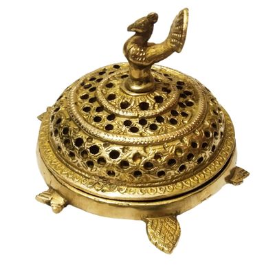 1.25 Kilograms Handmade athizay Brass Dhoop Stand Peacock at top Tortoise as Base Holed Cap Puja Article for Navratri Diwali