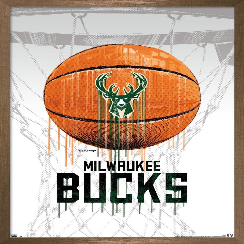 Trends International NBA Milwaukee Bucks - Drip Ball 20 Wall Poster, 14.725" x 22.375", Bronze Framed Version