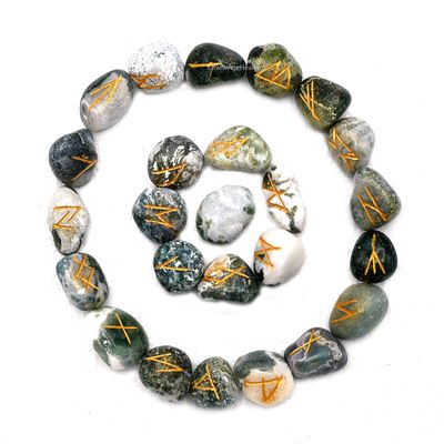 Amazing Gemstone Runes Stone Set with Velvet Pouch and Instruction EBook ~ Elder Futhark Runes Engraved Pagan Viking Symbols for Reiki Healing, Crystal Grid & Energy Balancing (Tree Agate)