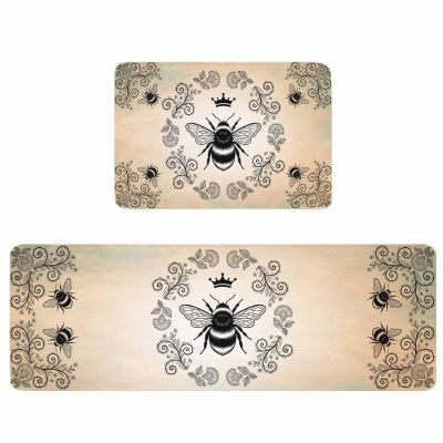 Kitchen Rugs and Mats Sets Anti Fatigue Cushioned Standing Mat Bee Non-Slip Rubber Backing Rugs for Kitchen Floor French Bee Garden Vintage Queen Floral 19.7x31.5inch+19.7x63inch