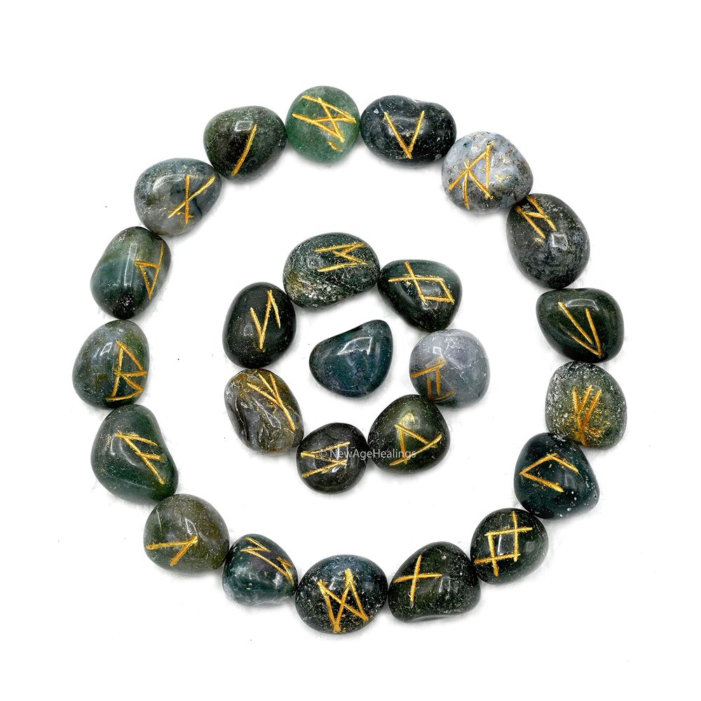 Amazing Gemstone Moss Agate Runes Crystal Runes Set of 25 Engraved Rune Stones with Runes Book PDF