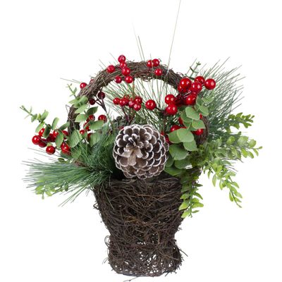 15" Eucalyptus Pine and Berry Artificial Christmas Grapevine Basket