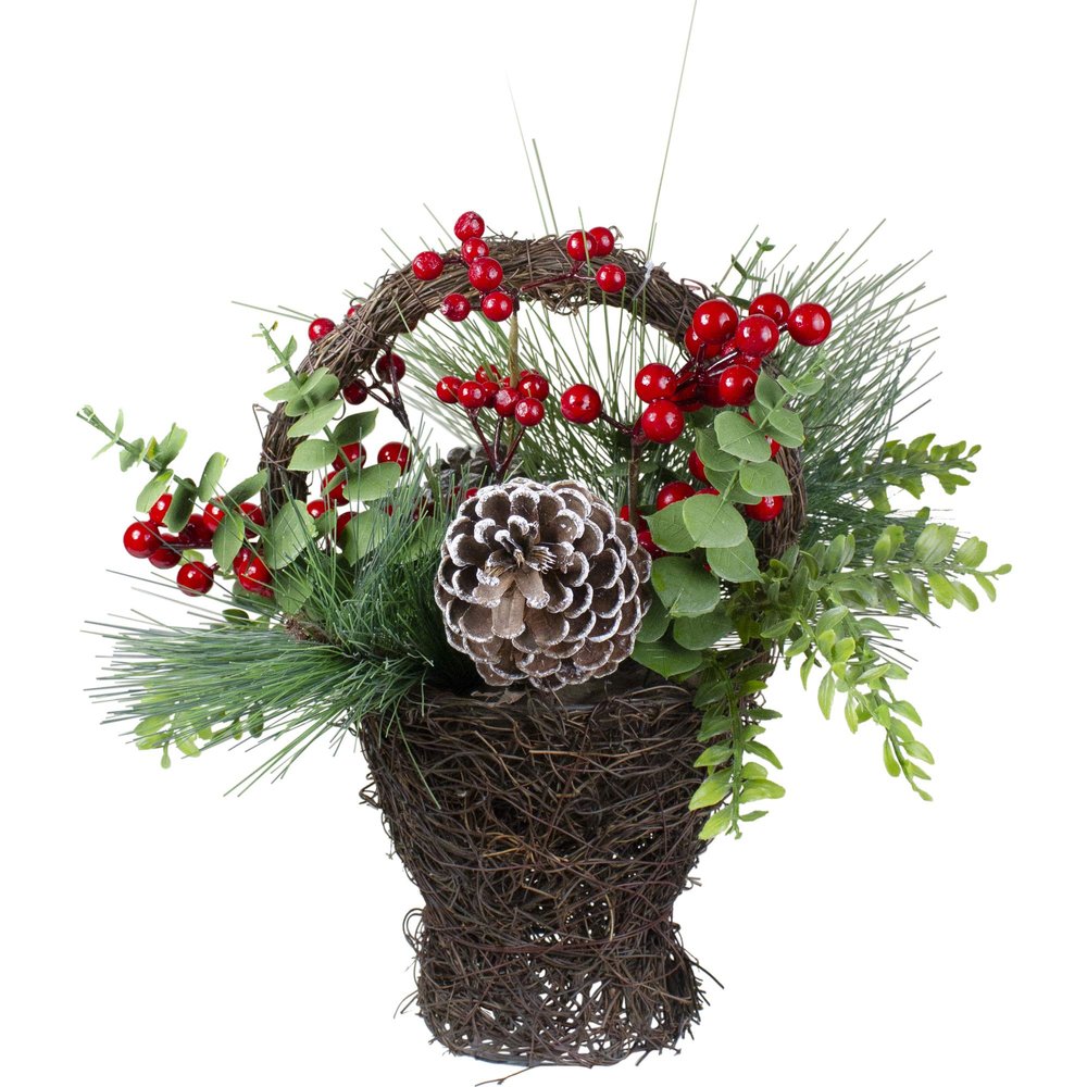 15" Eucalyptus Pine and Berry Artificial Christmas Grapevine Basket