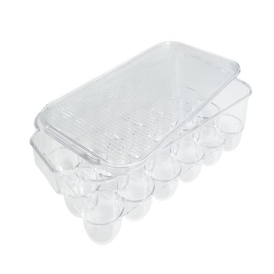 Kitchen Spaces Deluxe Egg Tray, Holds 18 Eggs, Refrigerator Storage Container with Lid, Stackable Fridge Organizer, Crush-Proof, BPA-Free, Clear