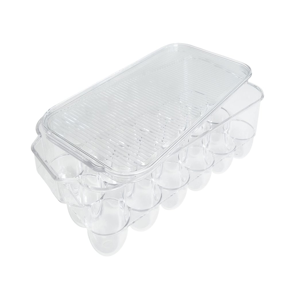 Kitchen Spaces Deluxe Egg Tray, Holds 18 Eggs, Refrigerator Storage Container with Lid, Stackable Fridge Organizer, Crush-Proof, BPA-Free, Clear