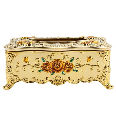 Tissue Box Cover with Lid Vintage Luxurious Glolden European Style Napkin Holder with Rose Pattern Plastic Tissue Holder for Home Office Car 9.04 Inches