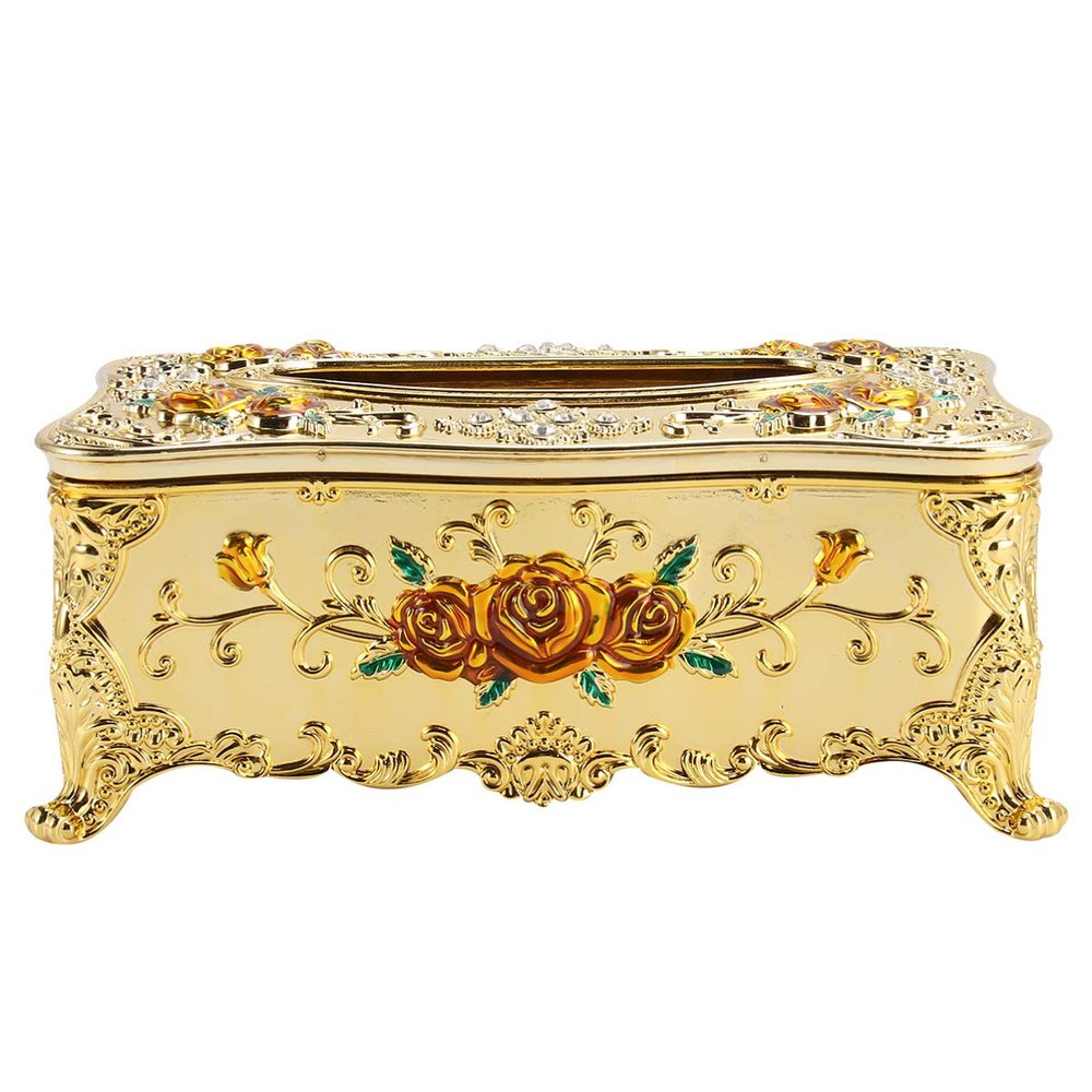 Tissue Box Cover with Lid Vintage Luxurious Glolden European Style Napkin Holder with Rose Pattern Plastic Tissue Holder for Home Office Car 9.04 Inches
