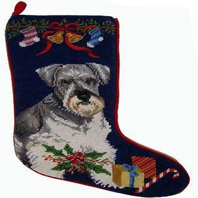 A Pets World Needlepoint Schnauzer Christmas Dog Breed Stocking with Bow and Bells