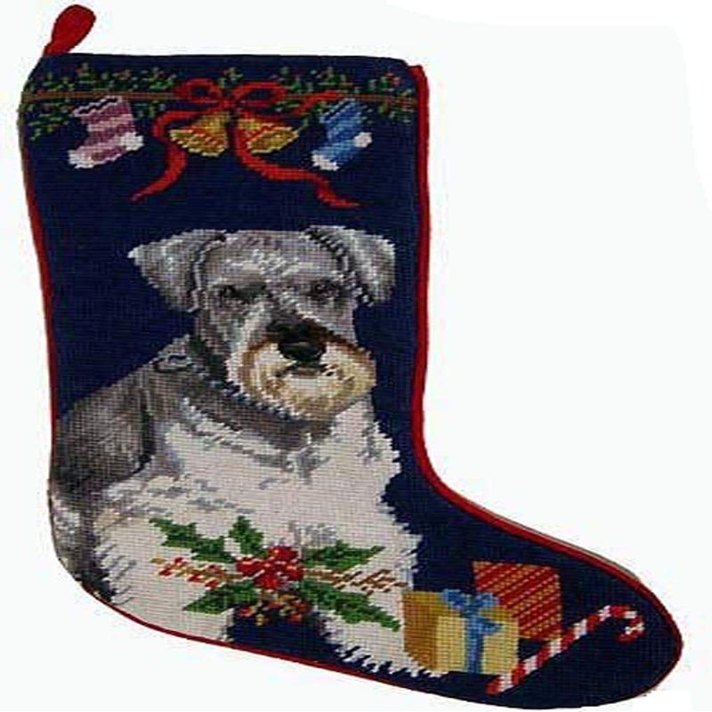 A Pets World Needlepoint Schnauzer Christmas Dog Breed Stocking with Bow and Bells