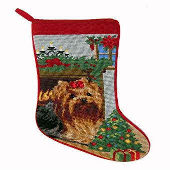 A Pets World Needlepoint Yorkie with Fireplace Dog Breed Christmas Stocking