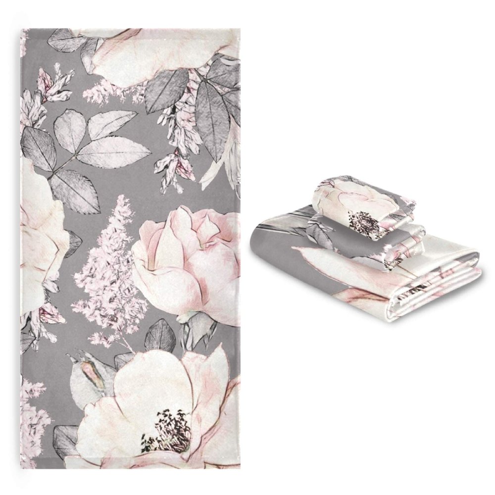 ALAZA Pink Rose Towels Bathroom Sets Flower Gray Towels Set of 3, 1 BathTowel 1 Hand Towel 1 Washcloth Soft Highly Absorbent Decorative for Kitchen Beach Gym Spa