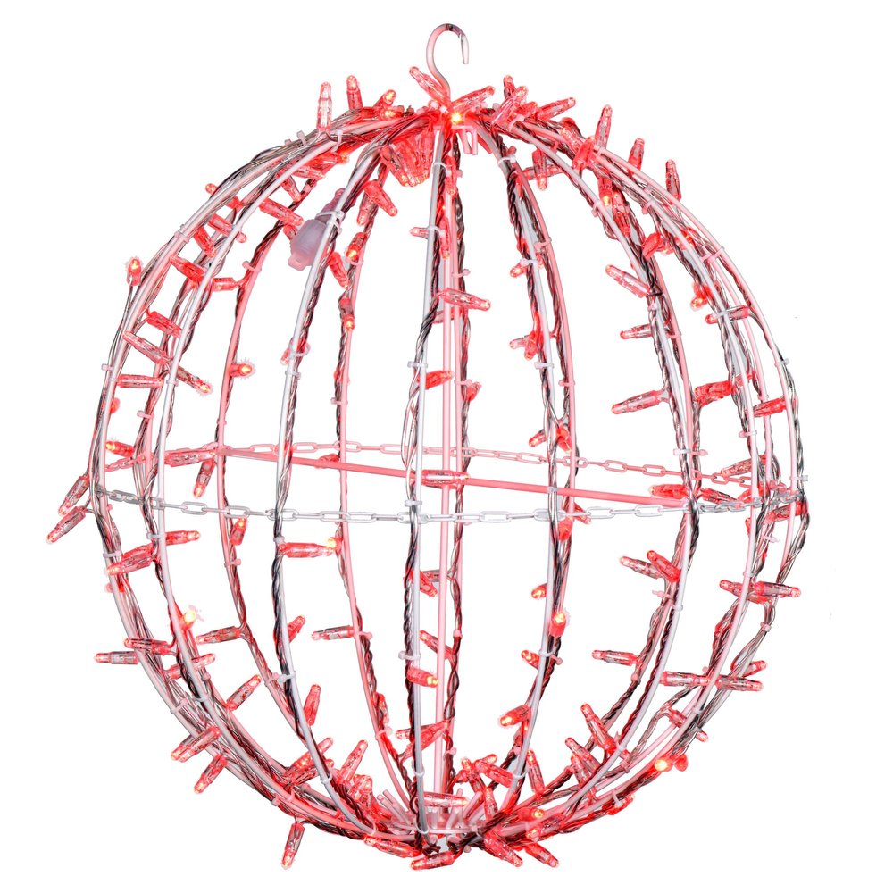 Vickerman 180Lt x 20" Fold Flat Red LED Twinkle Jumbo Hanging Sphere with White Powder Coated Frame, UL 24 Volt Starburst Lights, 10 Watt Waterproof Transformer, AWG22 Wire, 6' Lead Wire Male Plug