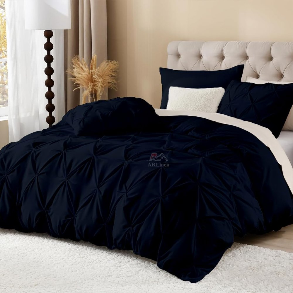 ARlinen Western King Size Pinch Pleated Duvet Cover Set, Egyptian Cotton, 3 Piece Bedding Set with Zipper Closure, Includes 1 Navy Blue Cover (120x120 inches) and 2 Pillow Cases (20x40 inches)