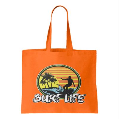 Surf Life - Retro Vintage Beach Palm Trees Reusable Grocery Tote Bag (Orange)
