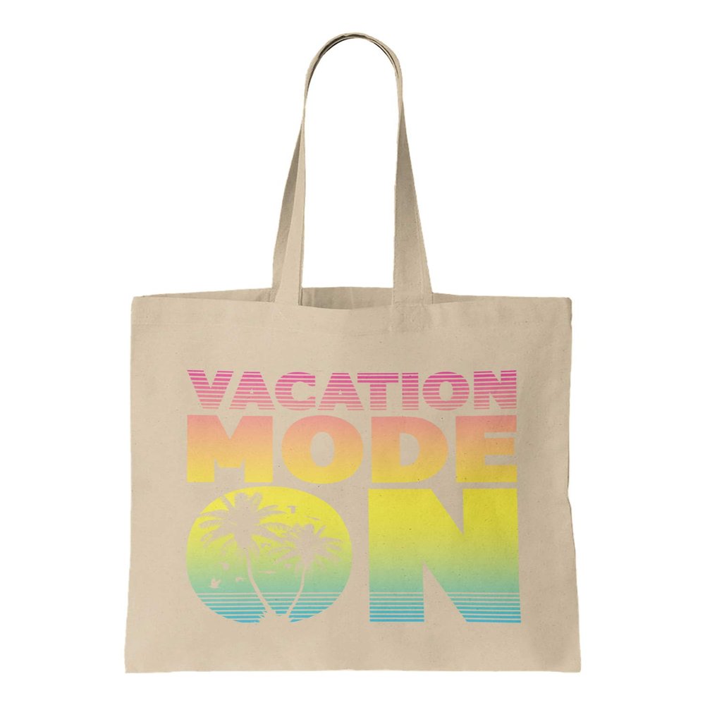 Vacation Mode On - Palm Trees Neon Tropical Reusable Grocery Tote Bag (Natural)