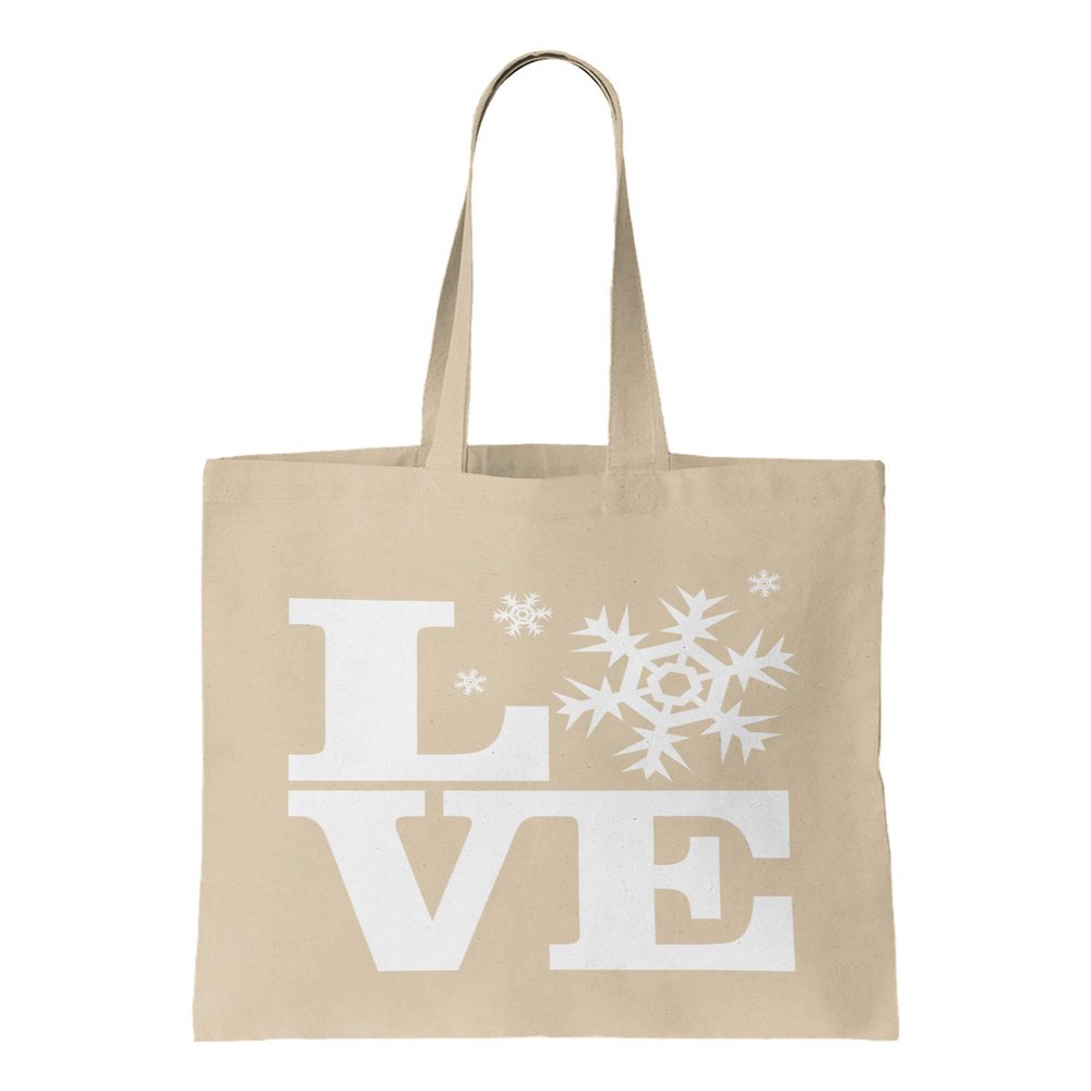 LOVE - Snowflakes Winter Wonderland Snow Reusable Grocery Tote Bag (Natural)