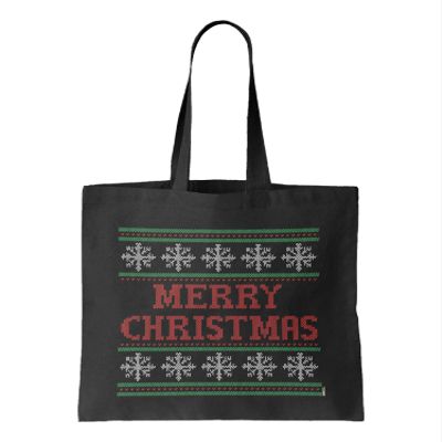 Merry Christmas - Ugly Sweater Pattern Reusable Grocery Tote Bag (Black)