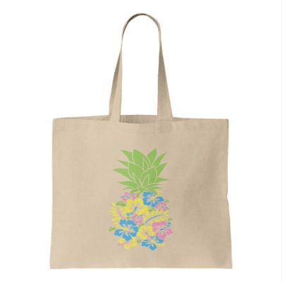Floral Pineapple - Hawaiian Lei Flowers Reusable Grocery Tote Bag (Natural)