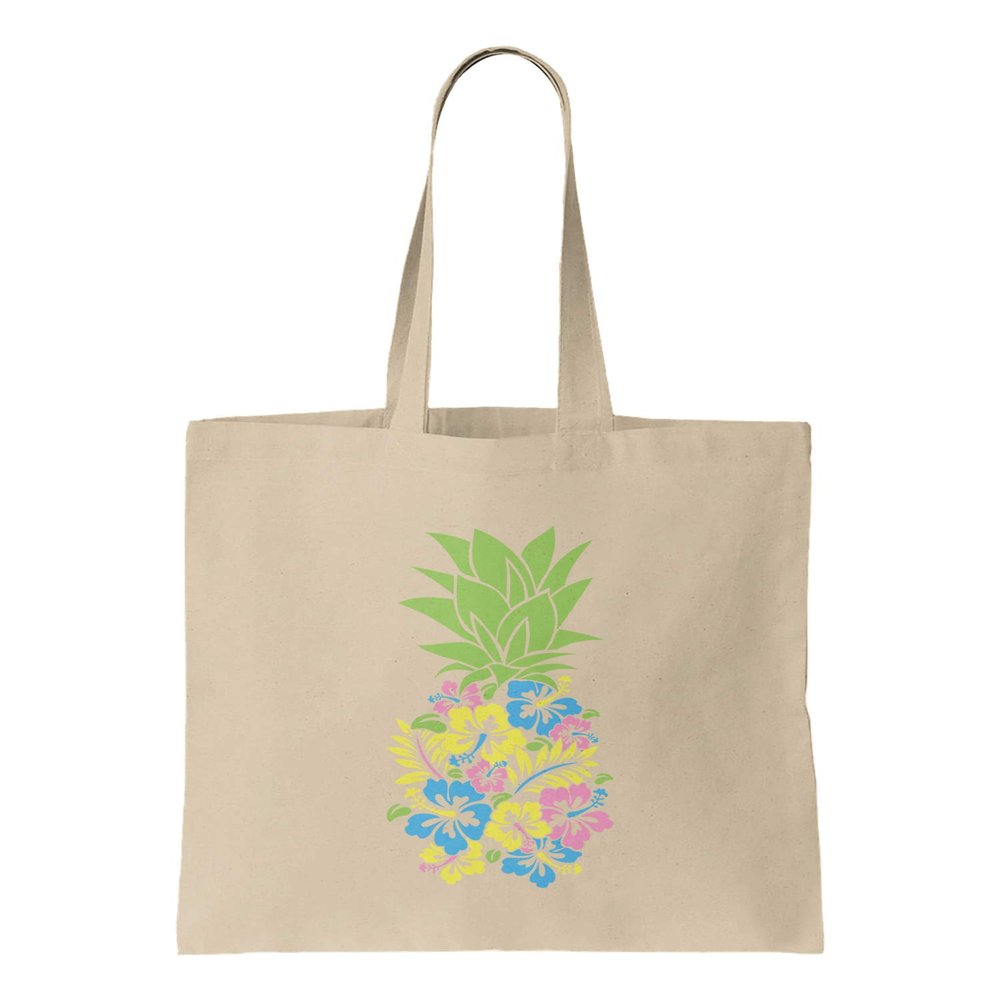 Floral Pineapple - Hawaiian Lei Flowers Reusable Grocery Tote Bag (Natural)