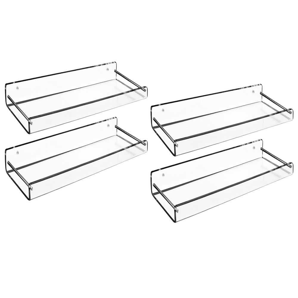 AMT 4 Pack Acrylic Floating Shelves, 15" L x 4.75" W, Clear Bathroom Wall Shelf, Bookshelves, Invisible Display for Office, Bedroom, Small Gap Allows Water to Escape, Free Screws & Drill Bit (XL)