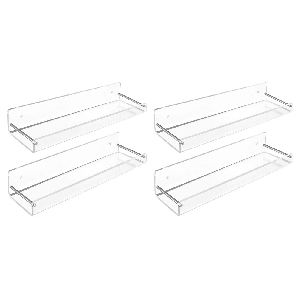 AMT 4 Pack Acrylic Floating Shelves, 15" L x 4" W, Clear Bathroom Wall Shelf, Bookshelves, Invisible Display for Office, Bedroom, Small Gap Allows Water to Escape, Free Screws & Drill Bit (Medium)