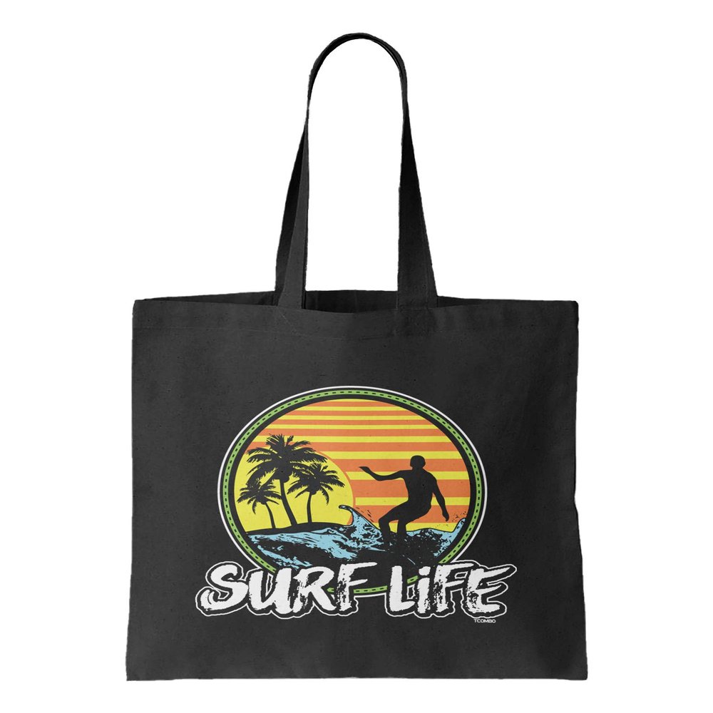Surf Life - Retro Vintage Beach Palm Trees Reusable Grocery Tote Bag (Black)
