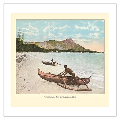 Native with Outrigger Canoe (Waa) - Honolulu Hawaii - Vintage Hawaiian Color Postcard c.1910s - Bamboo Fine Art 290gsm Paper (Unframed) 12x16in