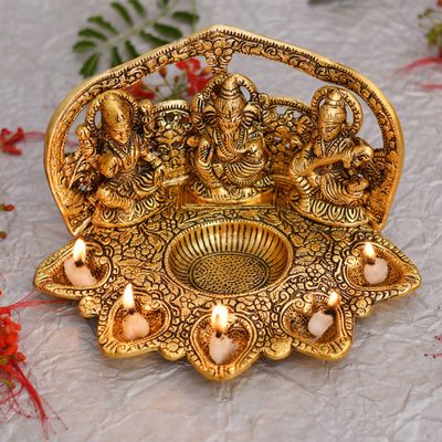 Wgloryind Metal Laxmi Ganesh Saraswati Idol Showpiece with Diya (Golden, 9 X 6 X 5 Inches)