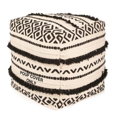 REDEARTH  UNSTUFFED Pouf Ottoman Cover Textured Boho Storage Cube Bean Bag Farmhouse Poof Pouffe Footrest for Living Room, Bedroom, Kidsroom; 100% Cotton (18"X18"X18"; Black Natural)