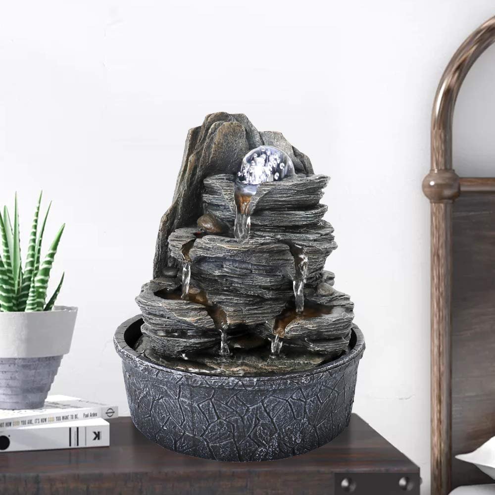 BBabe Rockery Indoor Water Fountain, Zen Meditation Tabletop Fountain with LED Lights & Crystal Ball for Home Office Bedroom 9 4/5"