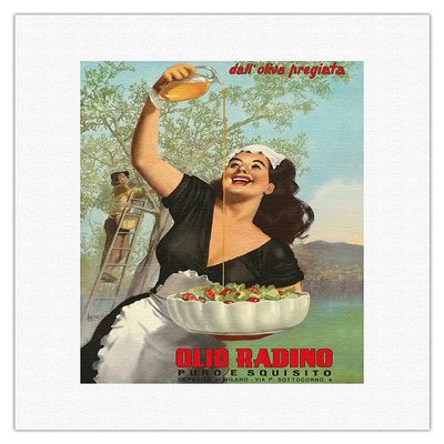 Olio Radino Italian Olive Oil - Puro e Squisito (Pure and Delicious) - Vintage Advertising Poster by Gino Boccasile c.1948 - Fine Art Rolled Canvas Print 11in x 14in