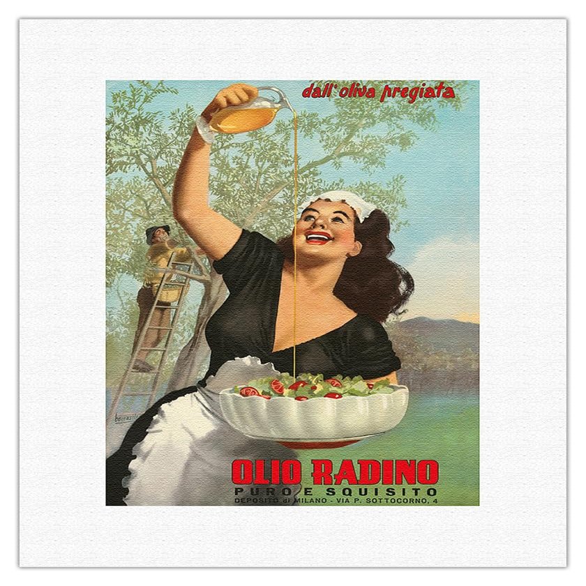 Olio Radino Italian Olive Oil - Puro e Squisito (Pure and Delicious) - Vintage Advertising Poster by Gino Boccasile c.1948 - Fine Art Rolled Canvas Print 11in x 14in