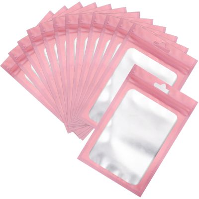 100 Pcs Resealable Mylar Bags, Sealable Odor Proof Foil Pouch Bag with Clear Window, Small Bussiness Packaging Supplies (Pink, 3 X 4.7 Inch)