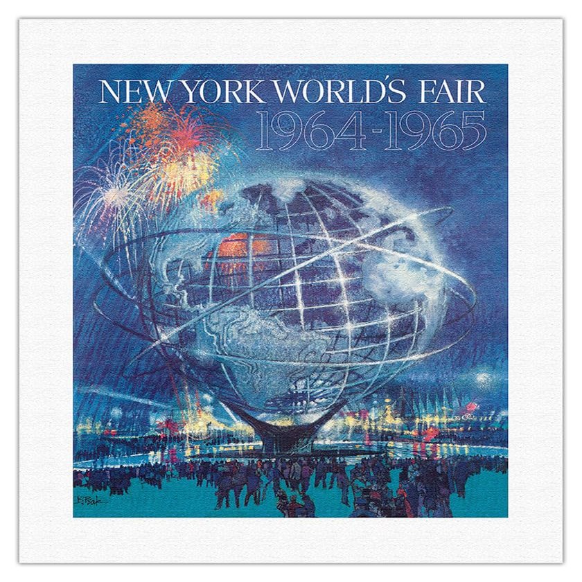 1964 New York Worlds Fair - Unisphere Globe - Vintage Travel Poster by Bob Peak - Fine Art Rolled Canvas Print 16in x 20in