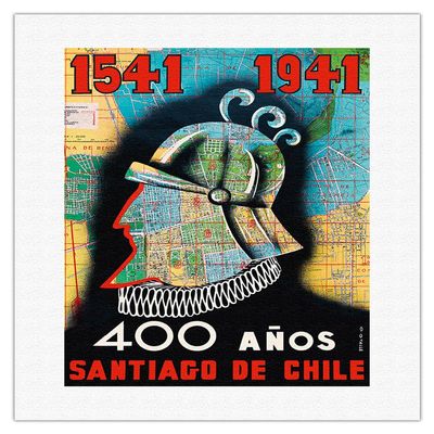 1541 to 1941-400 Aos Santiago de Chile (400 Year Anniversary of Santiago Chile) - Conquistador - Vintage Travel Poster by O.O. Valle c.1941 - Fine Art Rolled Canvas Print 16in x 20in