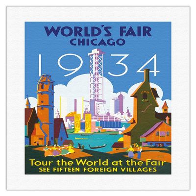 1934 World's Fair Chicago - Tour the World at the Fair - Vintage Travel Poster by Weimer Pursell c.1934 - Fine Art Rolled Canvas Print 16in x 20in