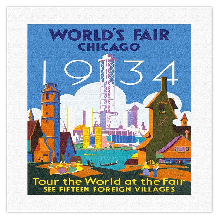 1934 World's Fair Chicago - Tour the World at the Fair - Vintage Travel Poster by Weimer Pursell c.1934 - Fine Art Rolled Canvas Print 16in x 20in