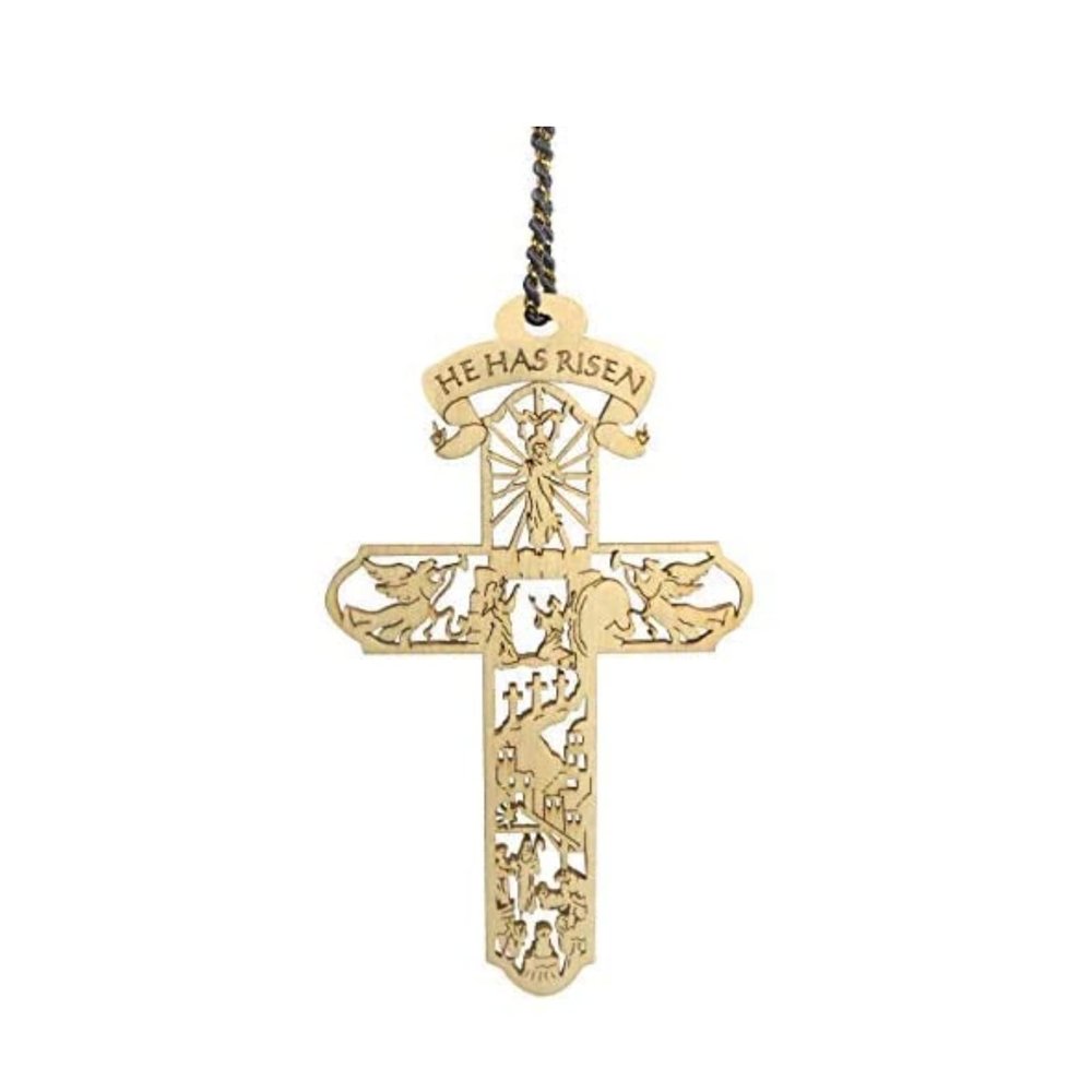 Jolette Designs Cross Ornament Gift - Wooden Decor for Tree, Office, Home, Car - Detailed Ornaments Telling The Story of The Birth, Death, and Resurrection of Jesus On a Cross (1, He Has Risen)
