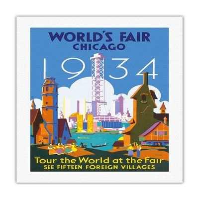 1934 World's Fair Chicago - Tour the World at the Fair - Vintage Travel Poster by Weimer Pursell c.1934 - Fine Art Rolled Canvas Print 20in x 26in