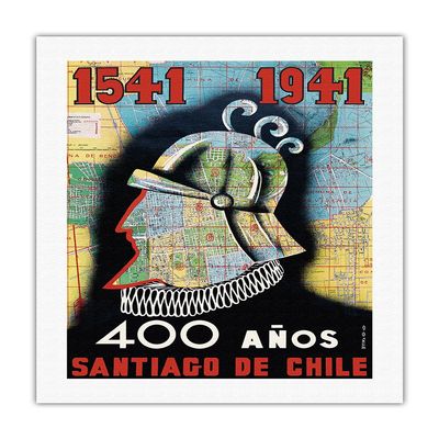 1541 to 1941-400 Aos Santiago de Chile (400 Year Anniversary of Santiago Chile) - Conquistador - Vintage Travel Poster by O.O. Valle c.1941 - Fine Art Rolled Canvas Print 20in x 26in